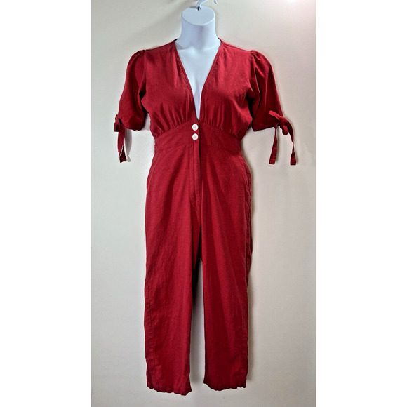 Rue Stiic Anthropologie Womens Linen Jumpsuit Size M Red Cropped Coastal Minimal - Picture 2 of 9